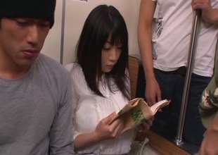 Guys on the bus fondle and mouth fuck a sweet Japanese girl